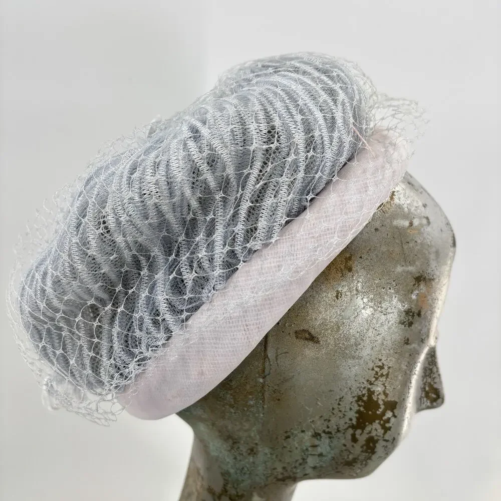 Vtg Pillbox Hat Birdcage Veil Blue Mesh Cocktail Church Wedding Fascinator